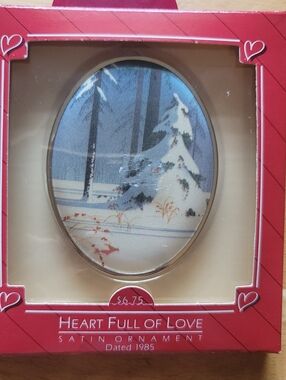 Vintage 1985 Hallmark "Heart Full of Love" Satin Oval Ornament - Winter Scene.